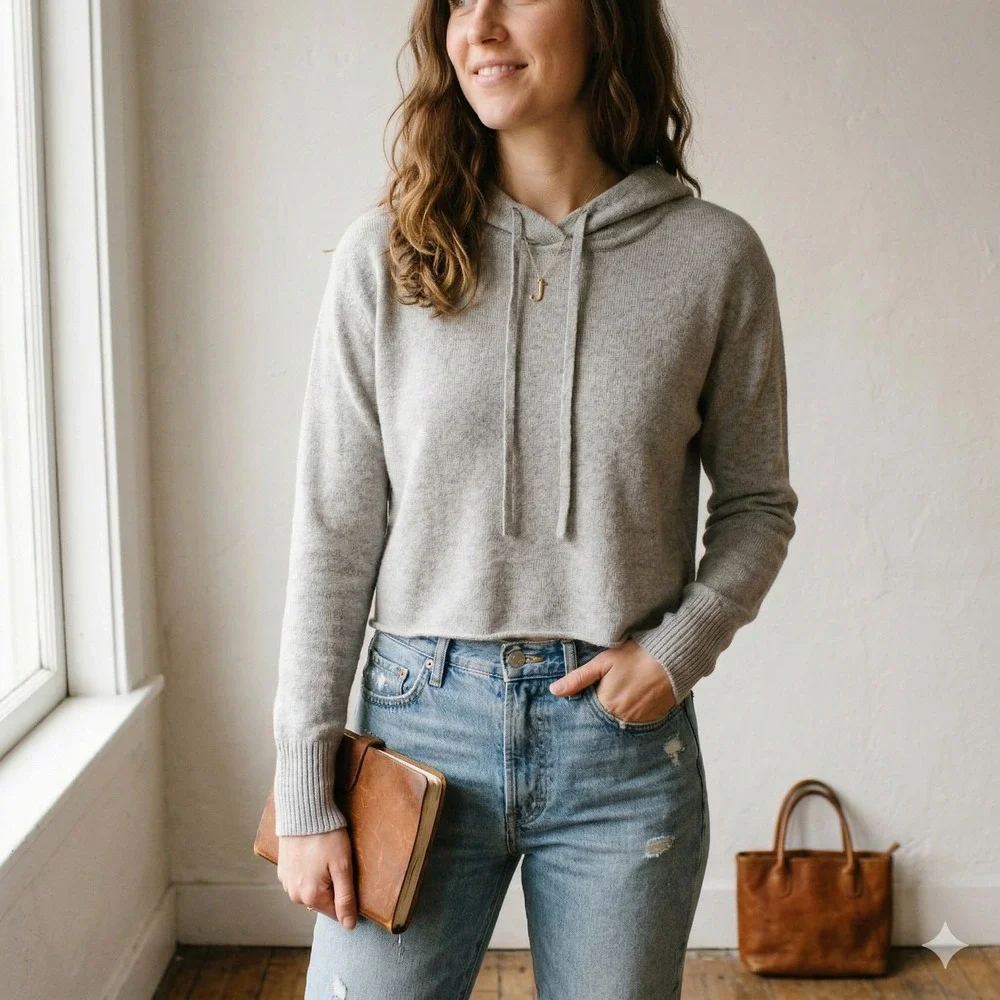 J.Crew 100% Cashmere Cropped Hoodie Women Small Heather Gray Sweater Long Sleeve